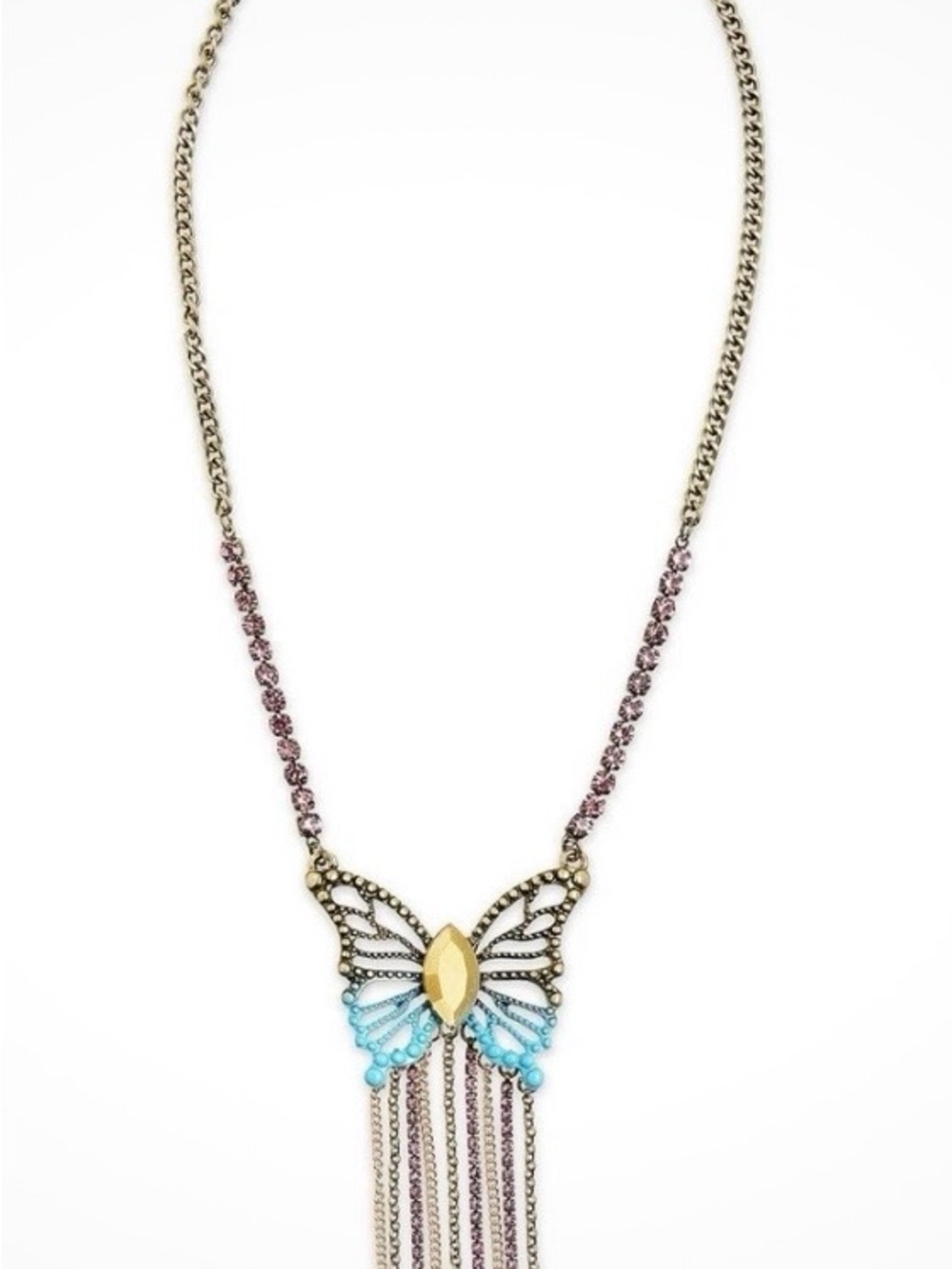 Betsey Johnson Gold-Tone Boho Butterfly Fringe Pendant Necklace Turquoise/Gold